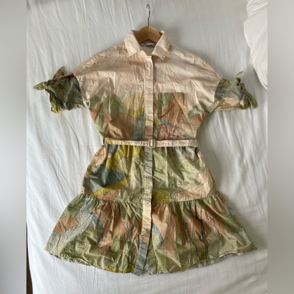 Zara Landscape Print Cream and Green Puff Sleeve Mini Dress